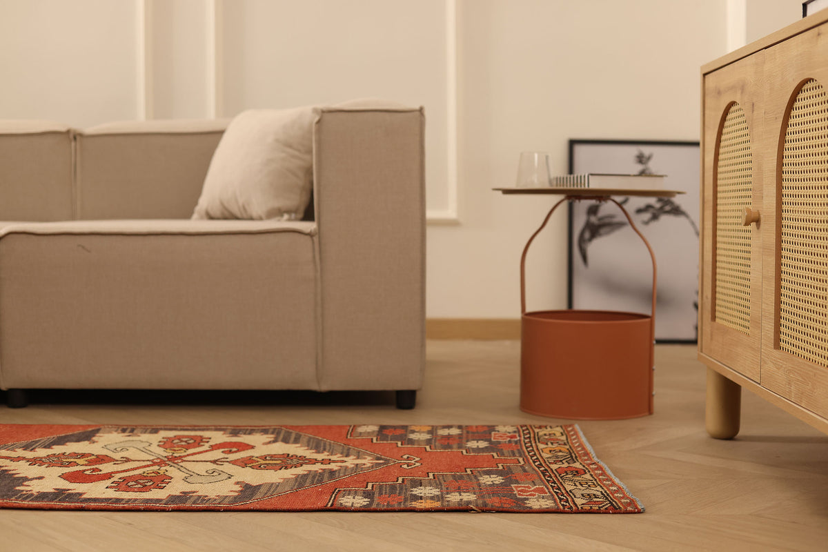 Vintage Niğde Turkish Runner Rug 2x10 ft — Red & Beige Geometric