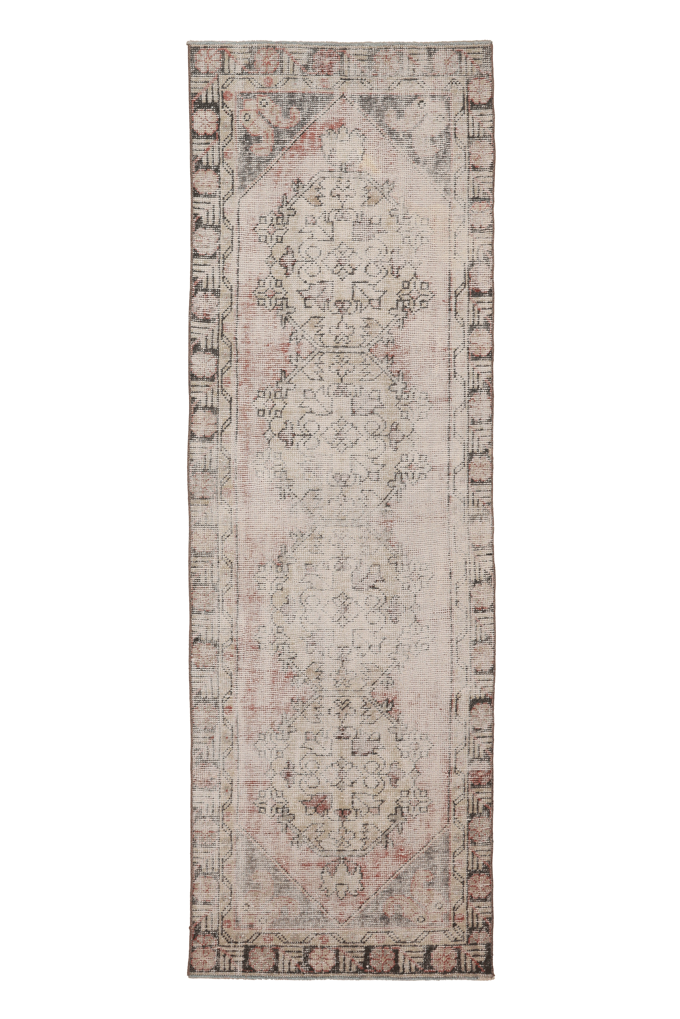 Vintage Niğde Turkish Runner Rug 2x8 ft — White & Brown Distressed