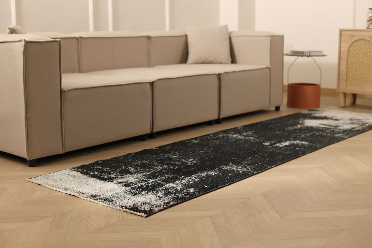 Vintage Isparta Turkish Runner Rug 2x10 ft — Black & White Distressed