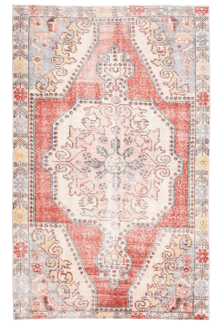 Vintage Nevşehir Turkish Area Rug 4x7 ft — Red & Beige Floral