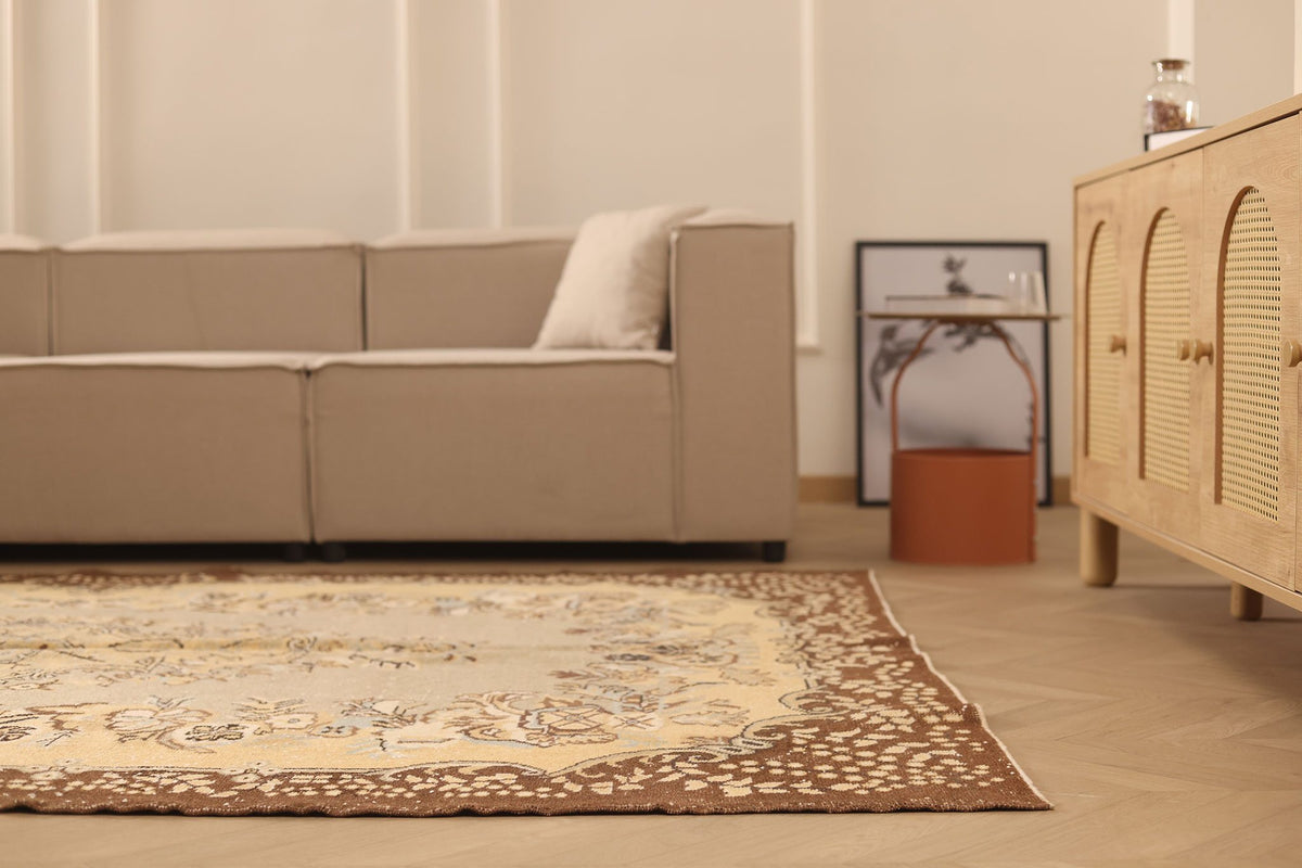 Vintage Isparta Turkish Area Rug 6x10 ft — Beige & Brown Floral