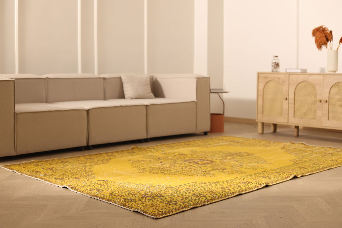 Vintage Isparta Turkish Area Rug 6x9 ft — Yellow & Orange Floral