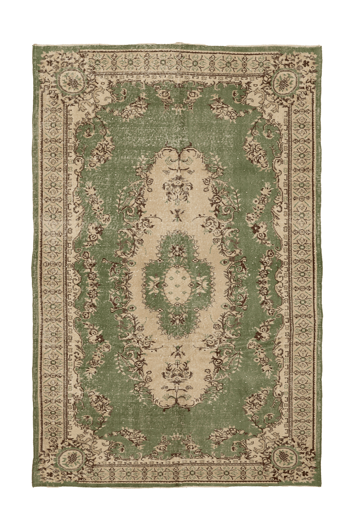 Vintage Isparta Turkish Area Rug 6x9 ft — Green & Beige Floral