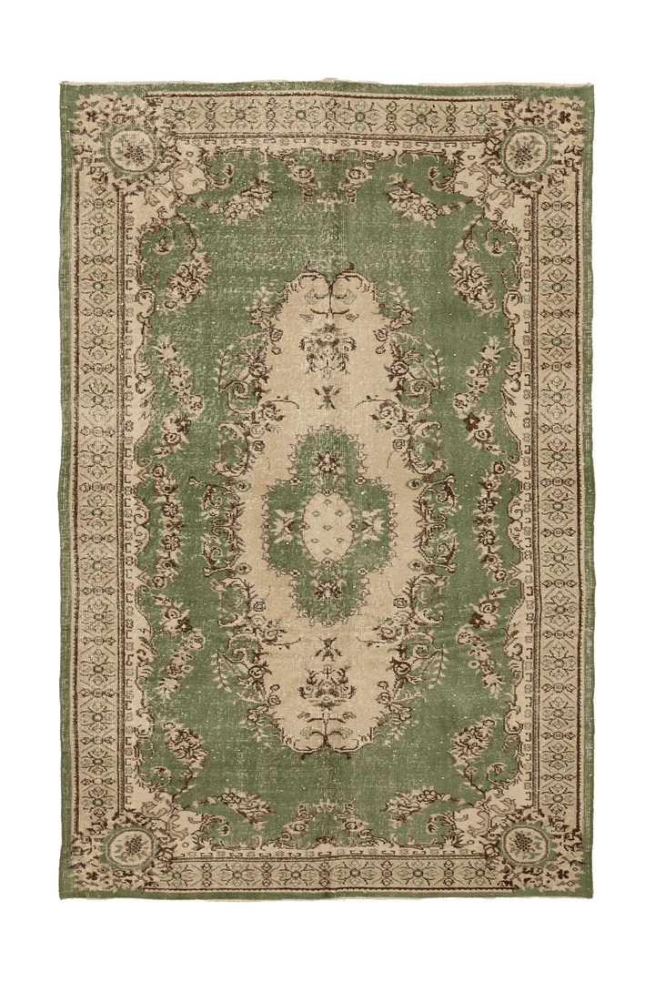 Vintage Isparta Turkish Area Rug 6x9 ft — Green & Beige Floral