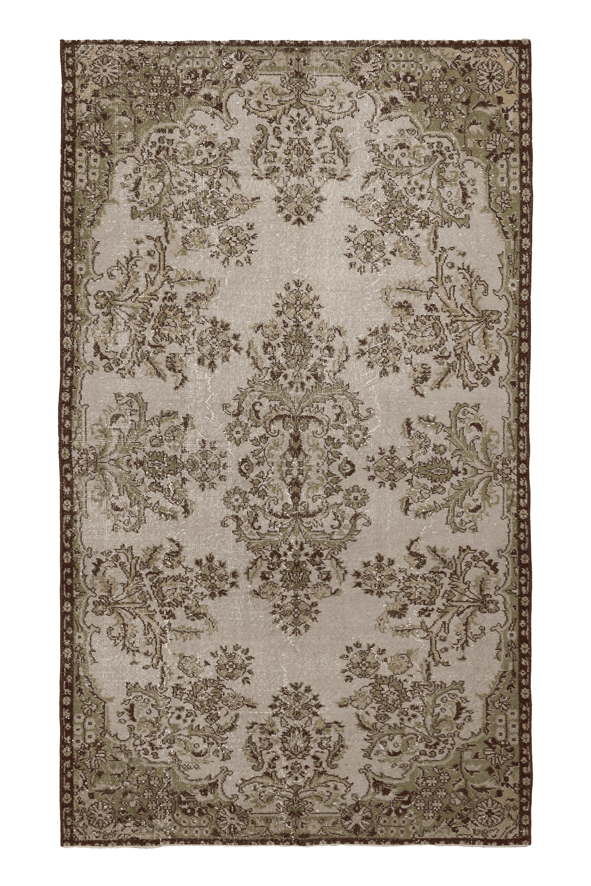 Vintage Isparta Turkish Area Rug 5x9 ft — Beige & Green Floral