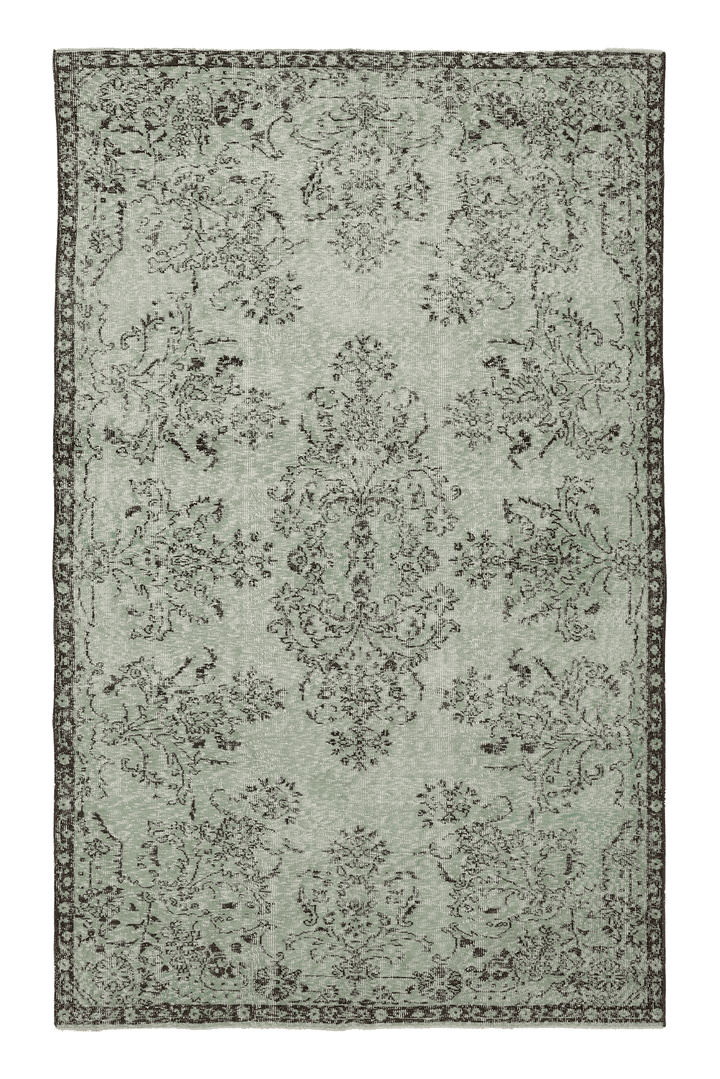Vintage Isparta Turkish Area Rug 6x9 ft — Green & Gray Floral