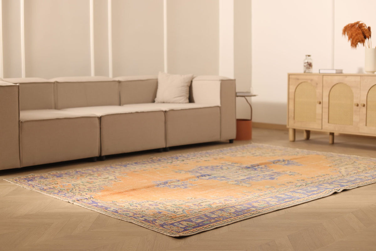 Vintage Isparta Turkish Area Rug 6x9 ft — Orange & Blue Floral