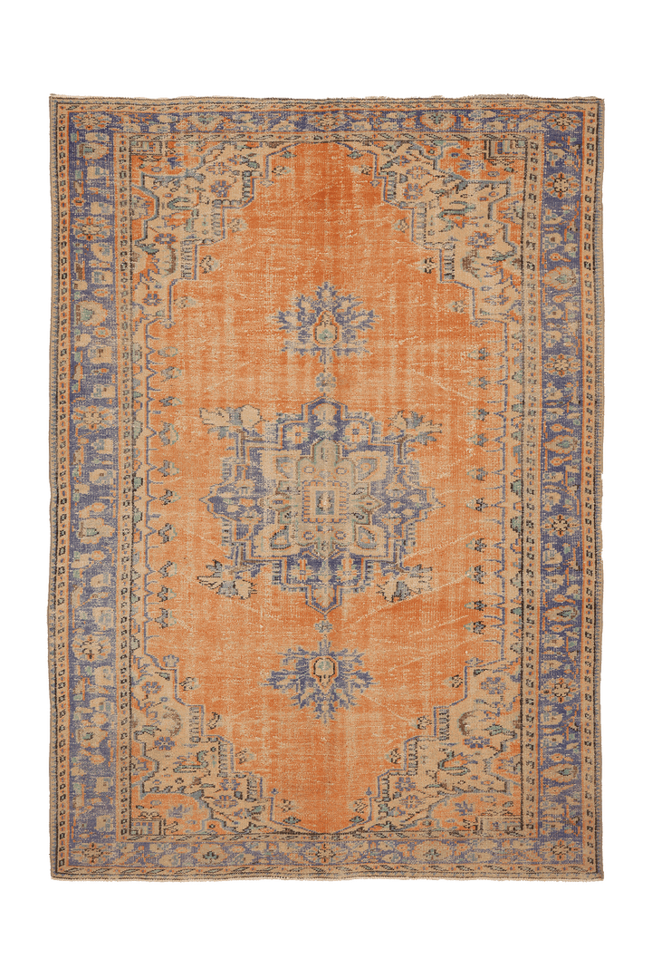 Vintage Isparta Turkish Area Rug 6x9 ft — Orange & Blue Floral