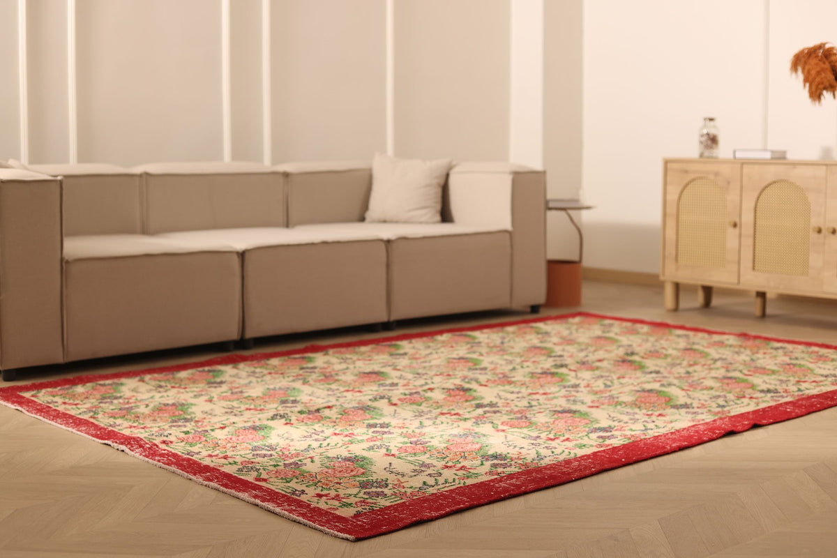 Vintage Isparta Turkish Area Rug 7x10 ft — Beige & Pink Floral