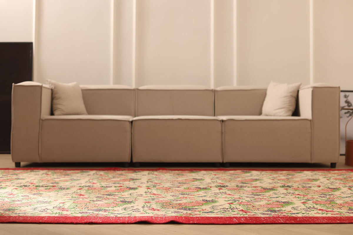 Vintage Isparta Turkish Area Rug 7x10 ft — Beige & Pink Floral