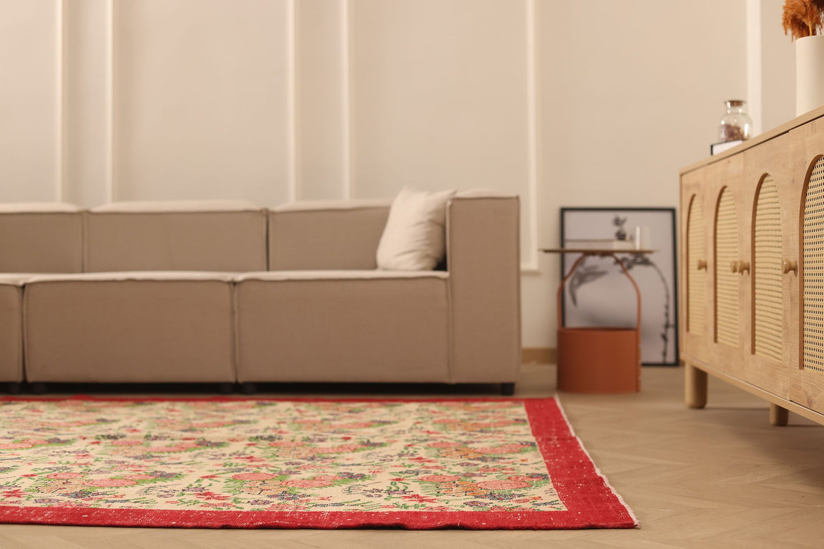 Vintage Isparta Turkish Area Rug 7x10 ft — Beige & Pink Floral