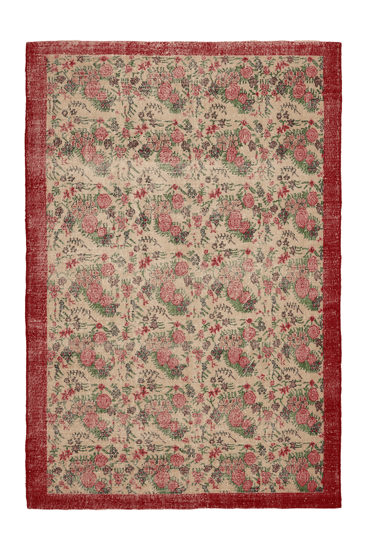 Vintage Isparta Turkish Area Rug 7x10 ft — Beige & Pink Floral