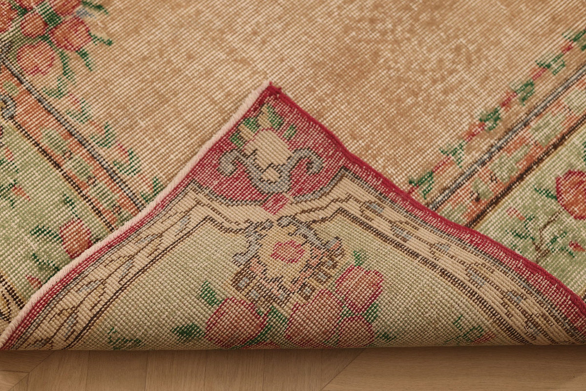 Vintage Isparta Turkish Area Rug 6x9 ft — Beige & Green Floral