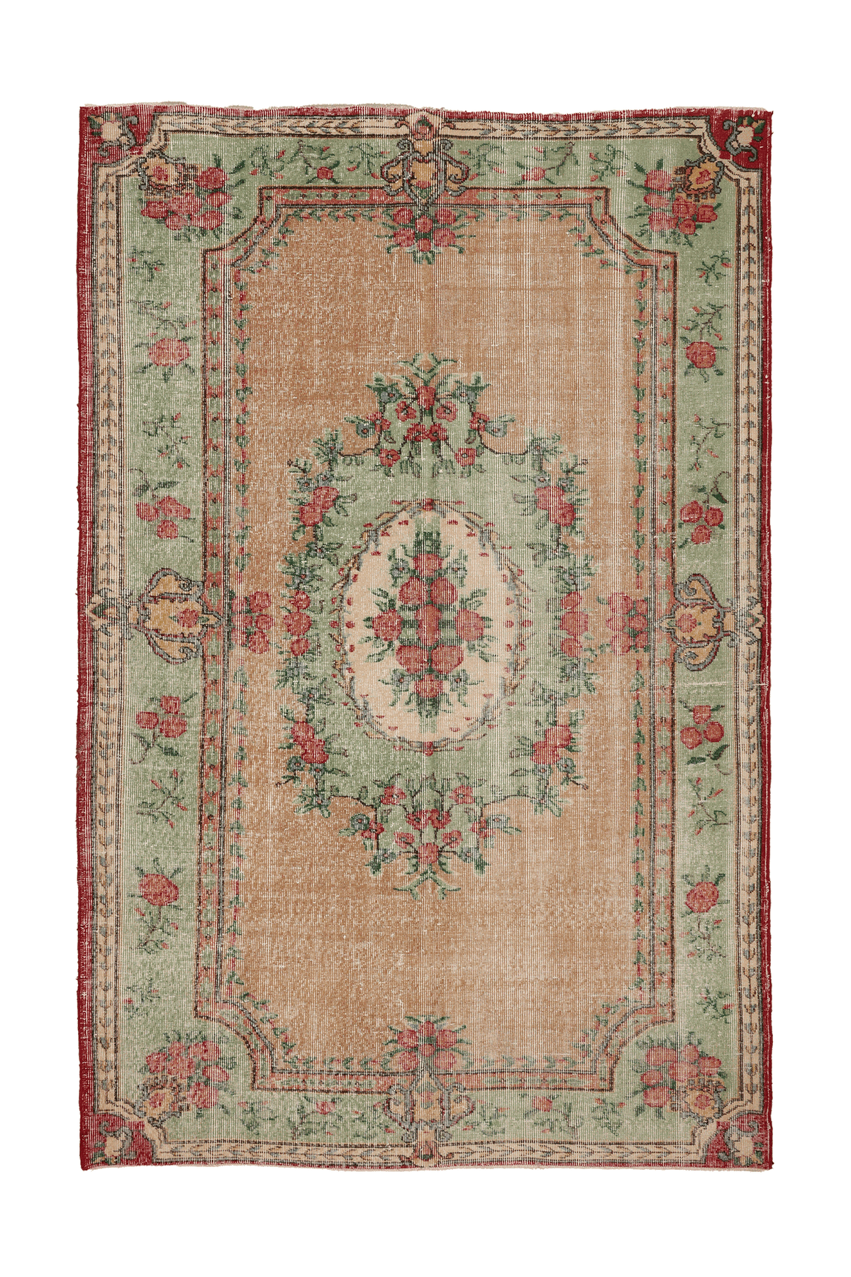Vintage Isparta Turkish Area Rug 6x9 ft — Beige & Green Floral