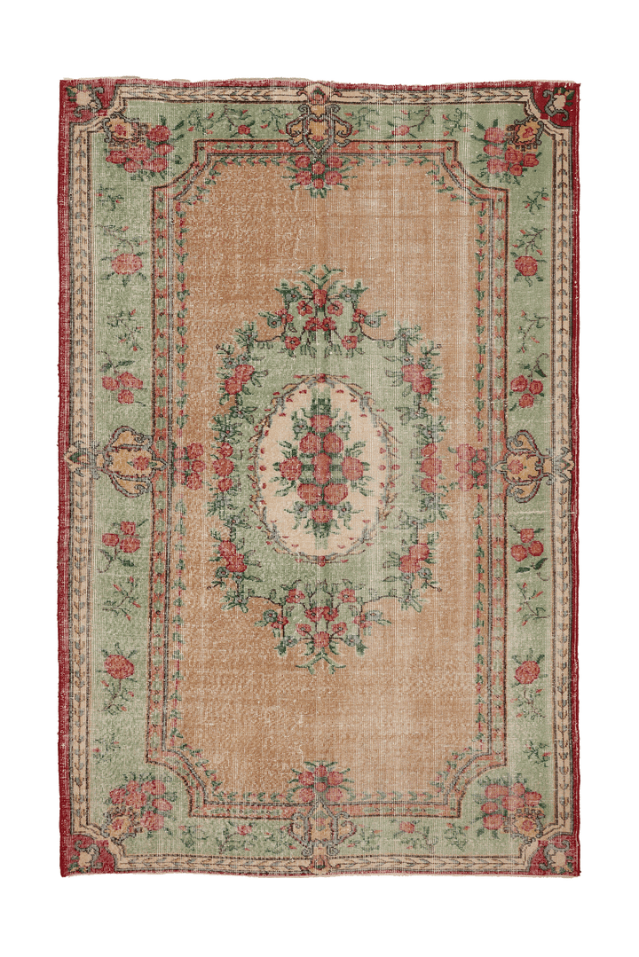 Vintage Isparta Turkish Area Rug 6x9 ft — Beige & Green Floral