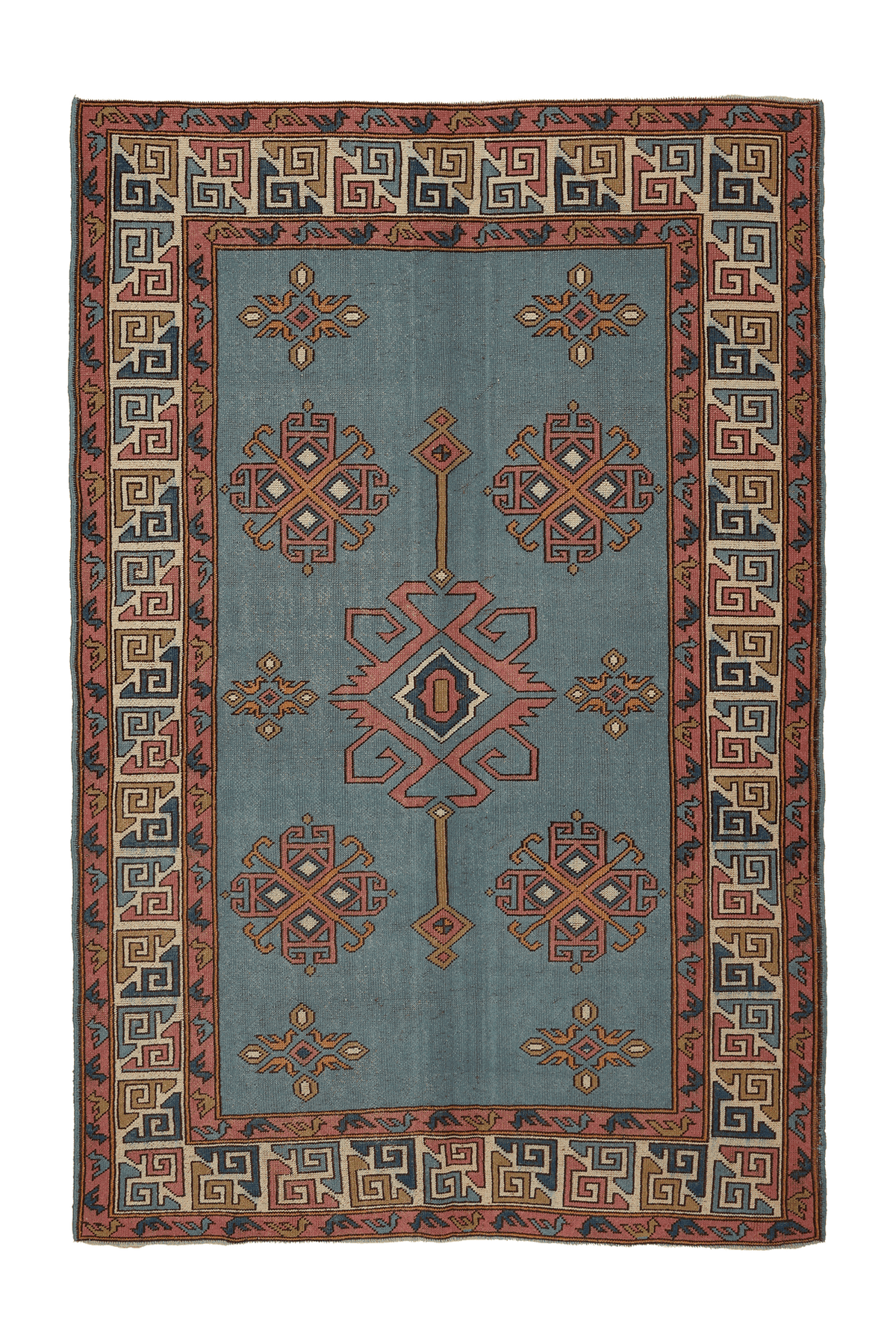 Vintage Uşak Turkish Area Rug 6x9 ft — Blue & Pink Geometric