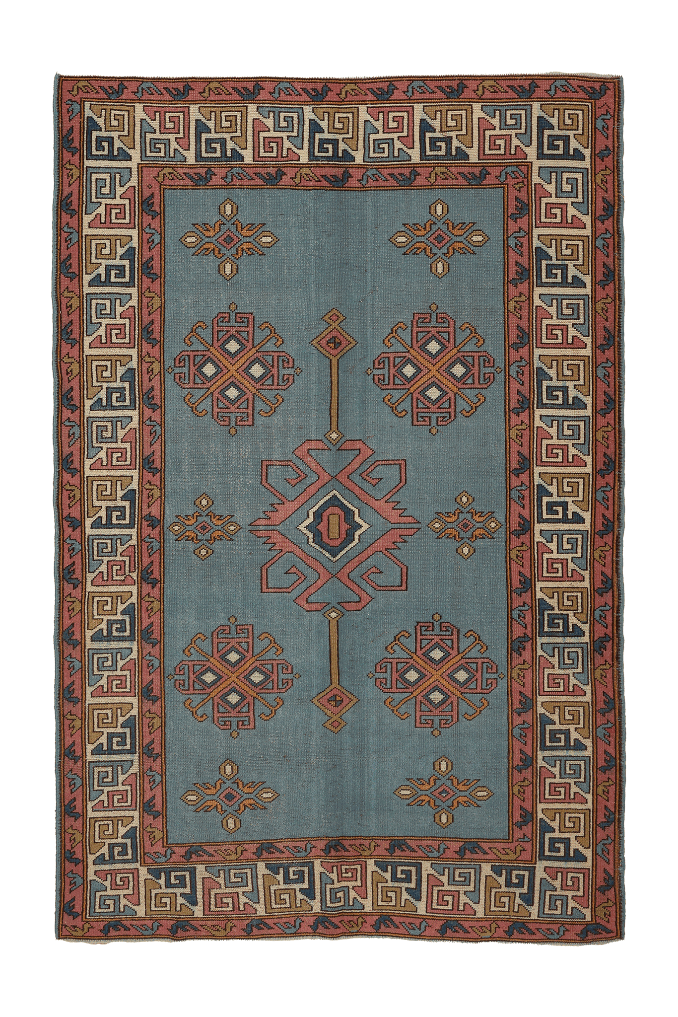 Vintage Uşak Turkish Area Rug 6x9 ft — Blue & Pink Geometric