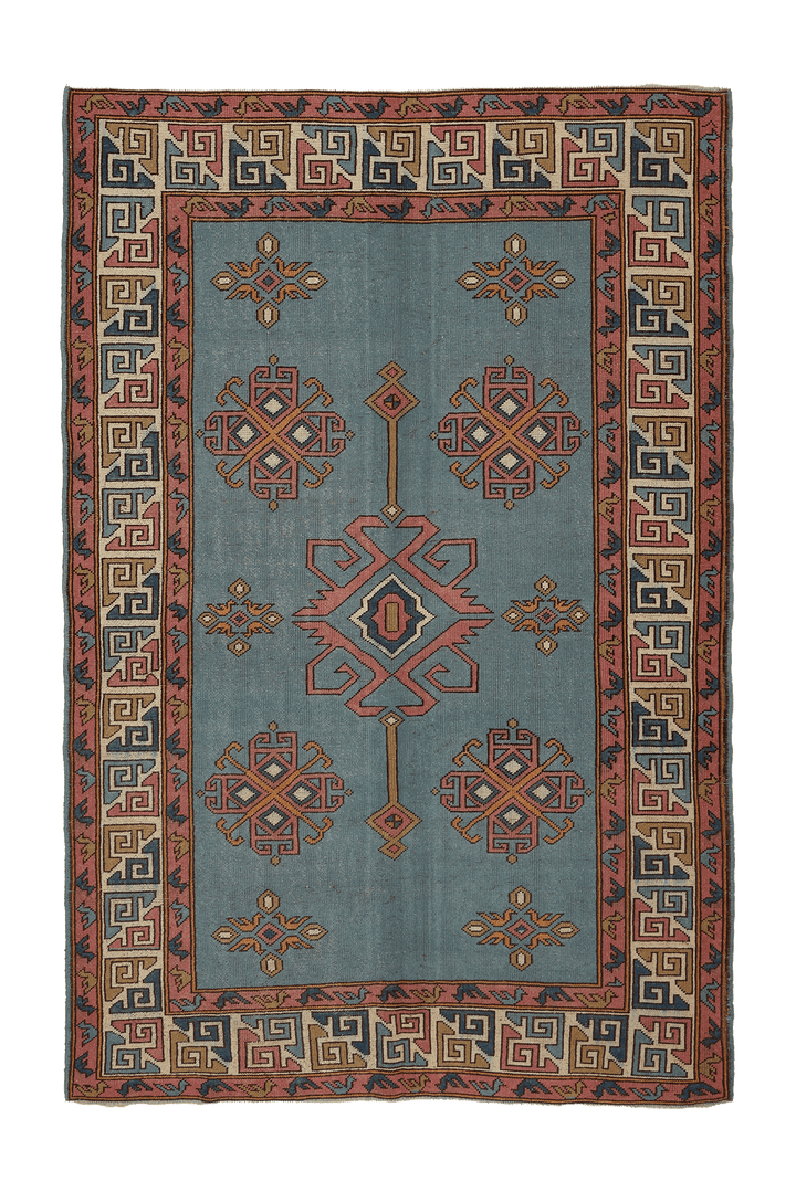Vintage Uşak Turkish Area Rug 6x9 ft — Blue & Pink Geometric