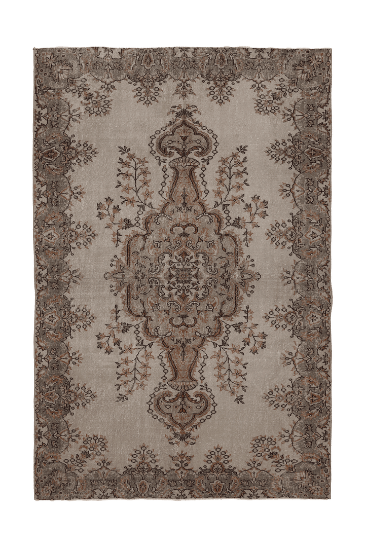 Vintage Isparta Turkish Area Rug 6x9 ft — Beige & Brown Floral