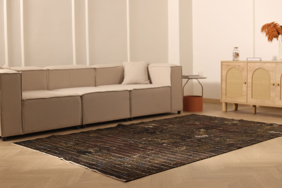 Vintage Isparta Turkish Area Rug 6x9 ft — Brown & Gray Stripped