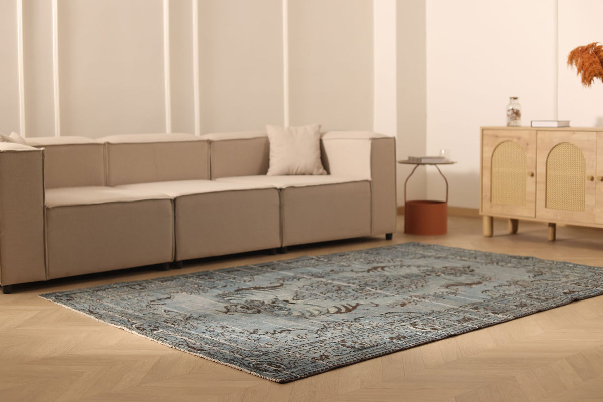 Vintage Manisa Turkish Area Rug 6x9 ft — Blue & Gray Floral