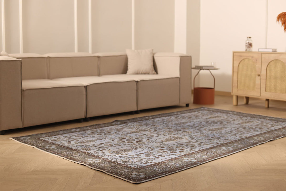 Vintage Isparta Turkish Area Rug 6x9 ft — Blue & Gray Floral