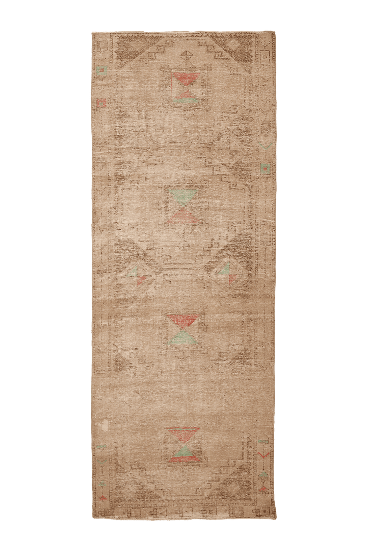 Vintage Malatya Turkish Runner Rug 4x10 ft — Beige & Brown Geometric