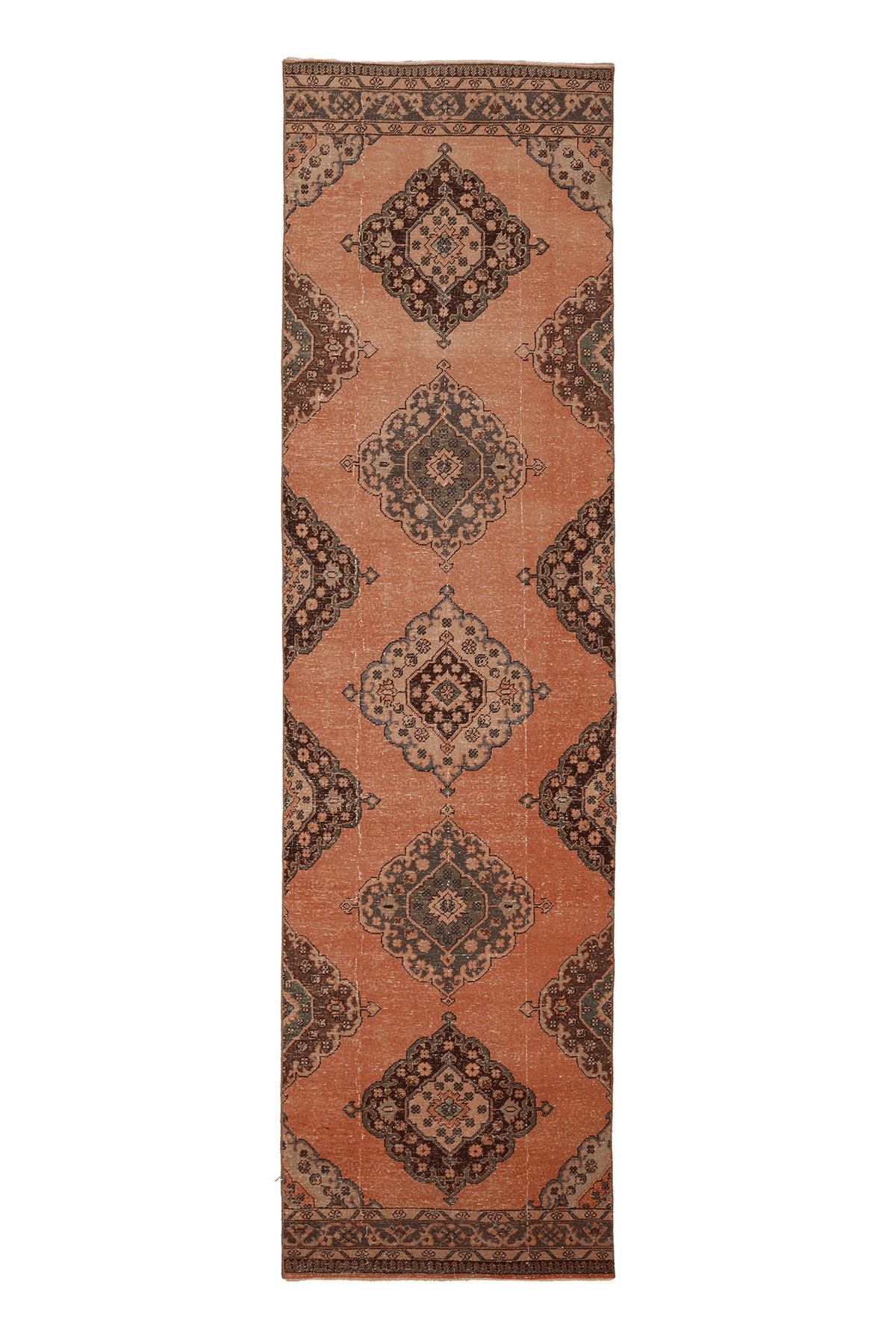 Vintage Konya Turkish Runner Rug 3x13 ft — Orange & Brown Geometric