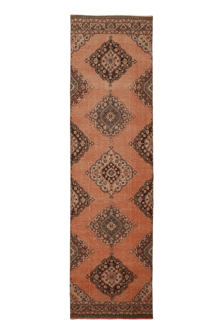 Vintage Konya Turkish Runner Rug 3x13 ft — Orange & Brown Geometric