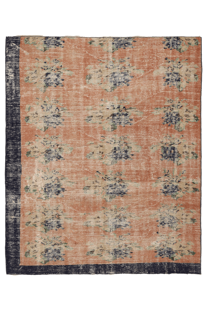 Vintage Manisa Turkish Area Rug 5x6 ft — Orange & Blue Distressed