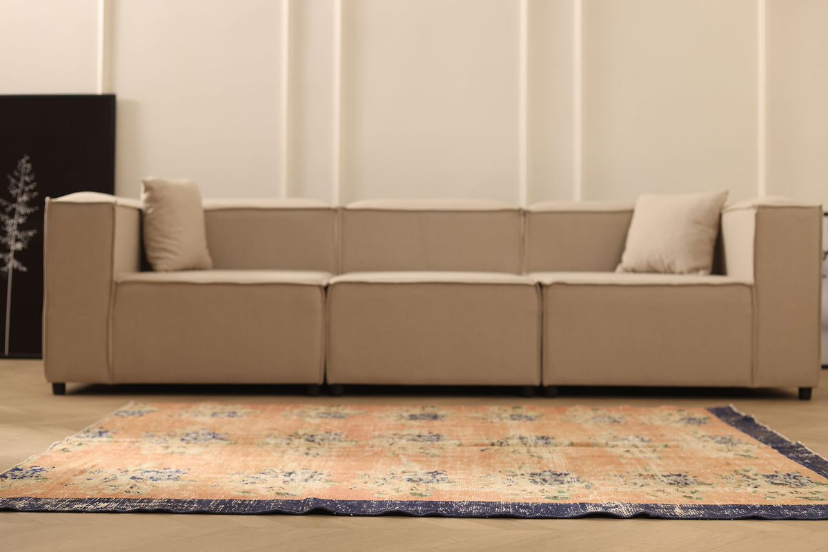 Vintage Manisa Turkish Area Rug 5x6 ft — Orange & Blue Distressed