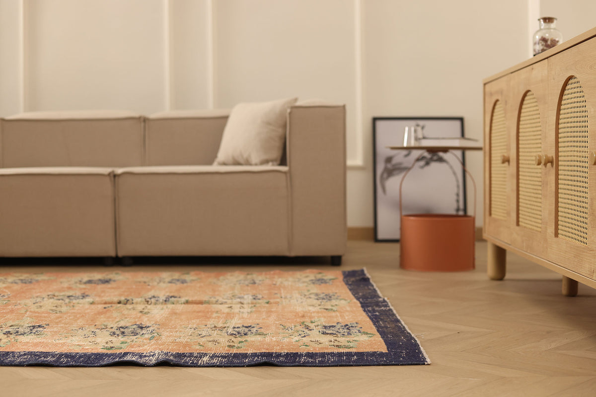 Vintage Manisa Turkish Area Rug 5x6 ft — Orange & Blue Distressed