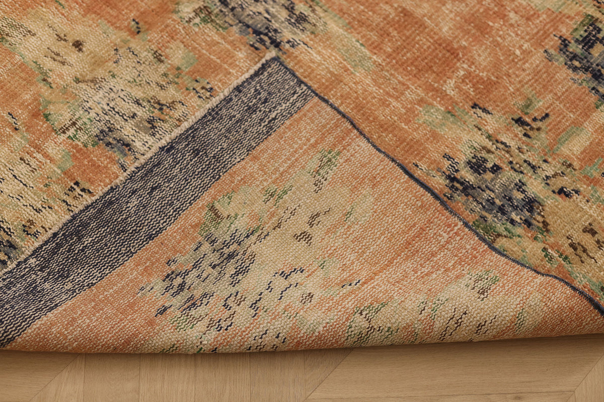 Vintage Manisa Turkish Area Rug 5x6 ft — Orange & Blue Distressed