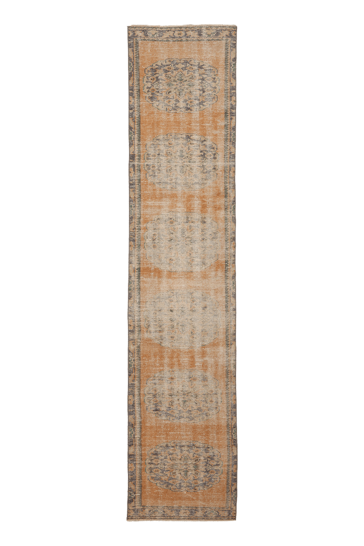 Vintage Manisa Turkish Runner Rug 2x11 ft — Orange & Beige Distressed (No. 33731)
