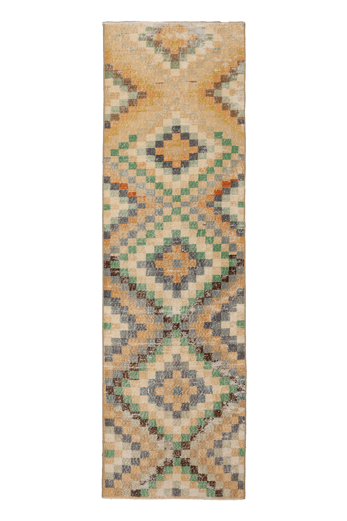 Vintage Isparta Turkish Runner Rug 2x7 ft — Beige & Green Geometric
