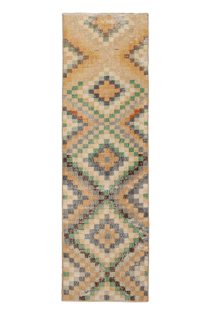 Vintage Isparta Turkish Runner Rug 2x7 ft — Beige & Green Geometric