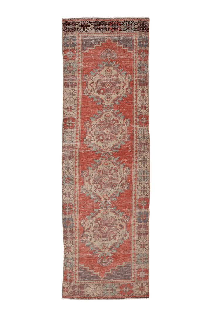 Vintage Niğde Turkish Runner Rug 2x9 ft — Orange & Beige Geometric