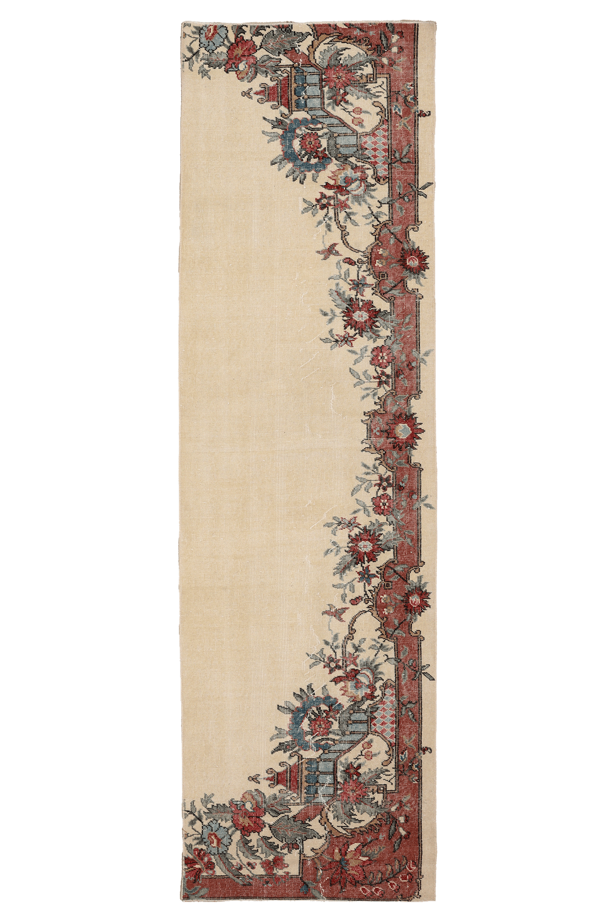 Vintage Isparta Turkish Runner Rug 2x10 ft — Beige & Red Floral