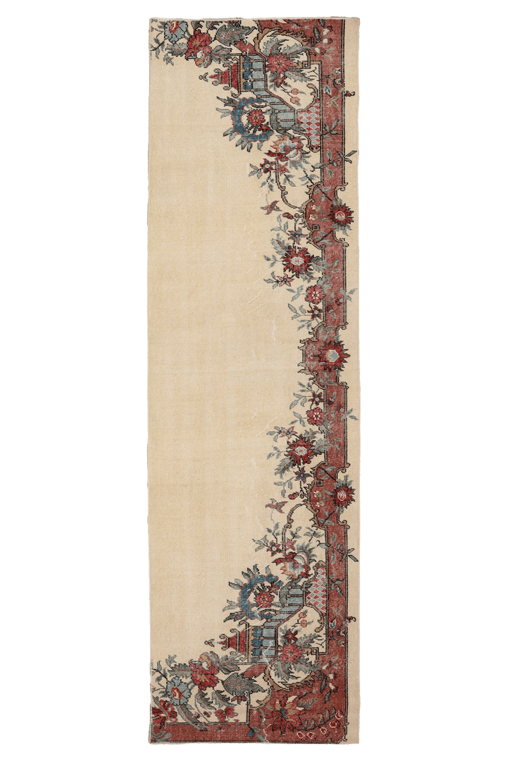 Vintage Isparta Turkish Runner Rug 2x10 ft — Beige & Red Floral