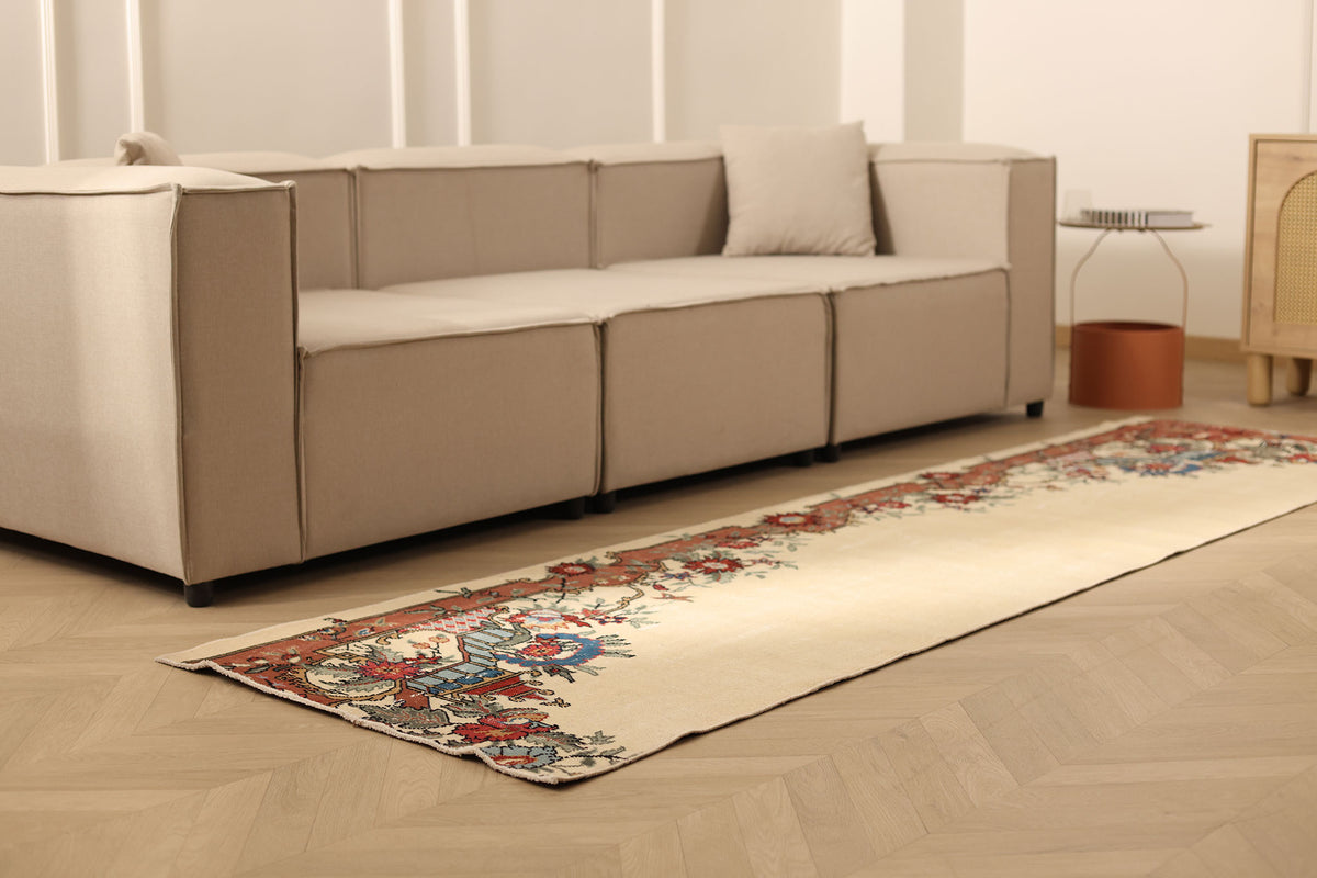 Vintage Isparta Turkish Runner Rug 2x10 ft — Beige & Red Floral