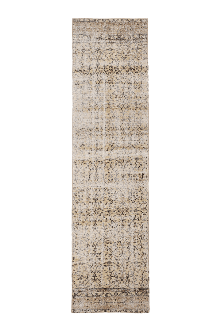 Vintage Isparta Turkish Runner Rug 2x10 ft — Beige Floral