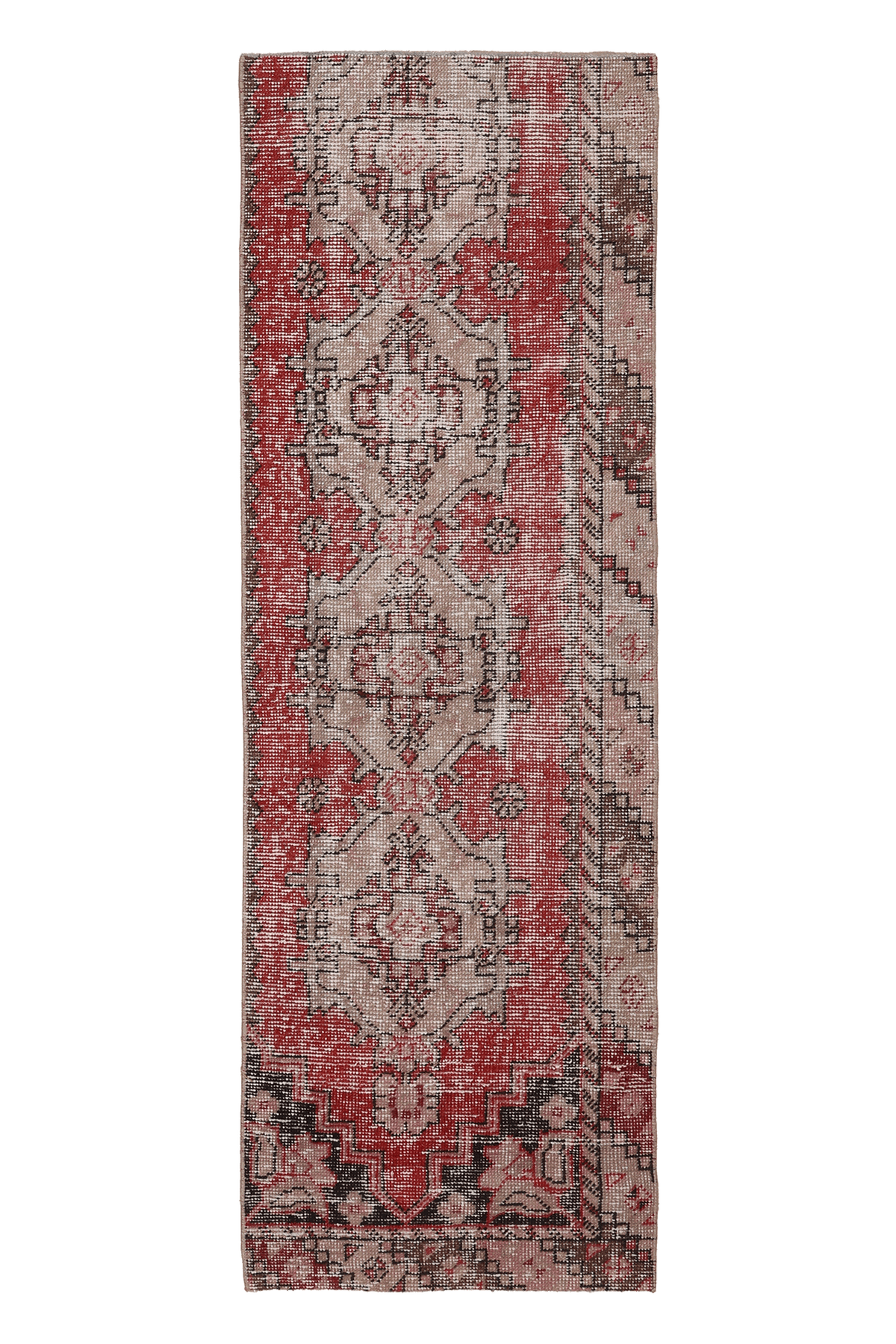 Vintage Niğde Turkish Runner Rug 2x6 ft — Red & Gray Geometric