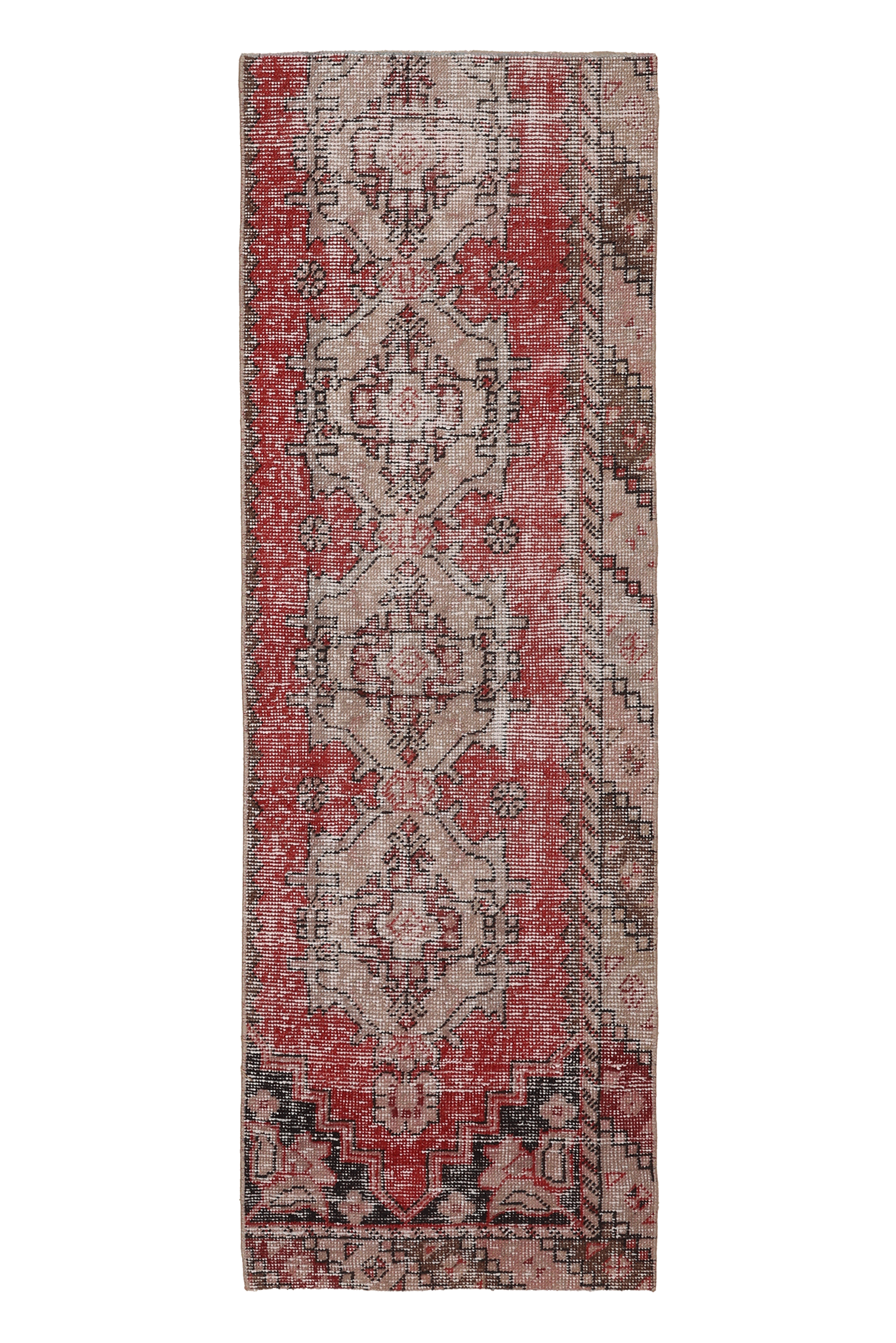 Vintage Niğde Turkish Runner Rug 2x6 ft — Red & Gray Geometric