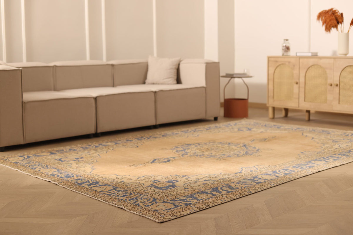 Vintage Isparta Turkish Area Rug 7x10 ft — Beige & Blue Floral