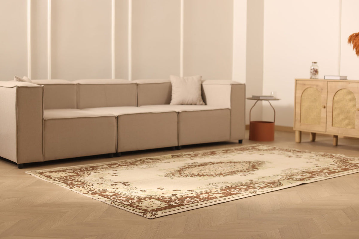 Vintage Isparta Turkish Area Rug 6x9 ft — Beige & Brown Floral