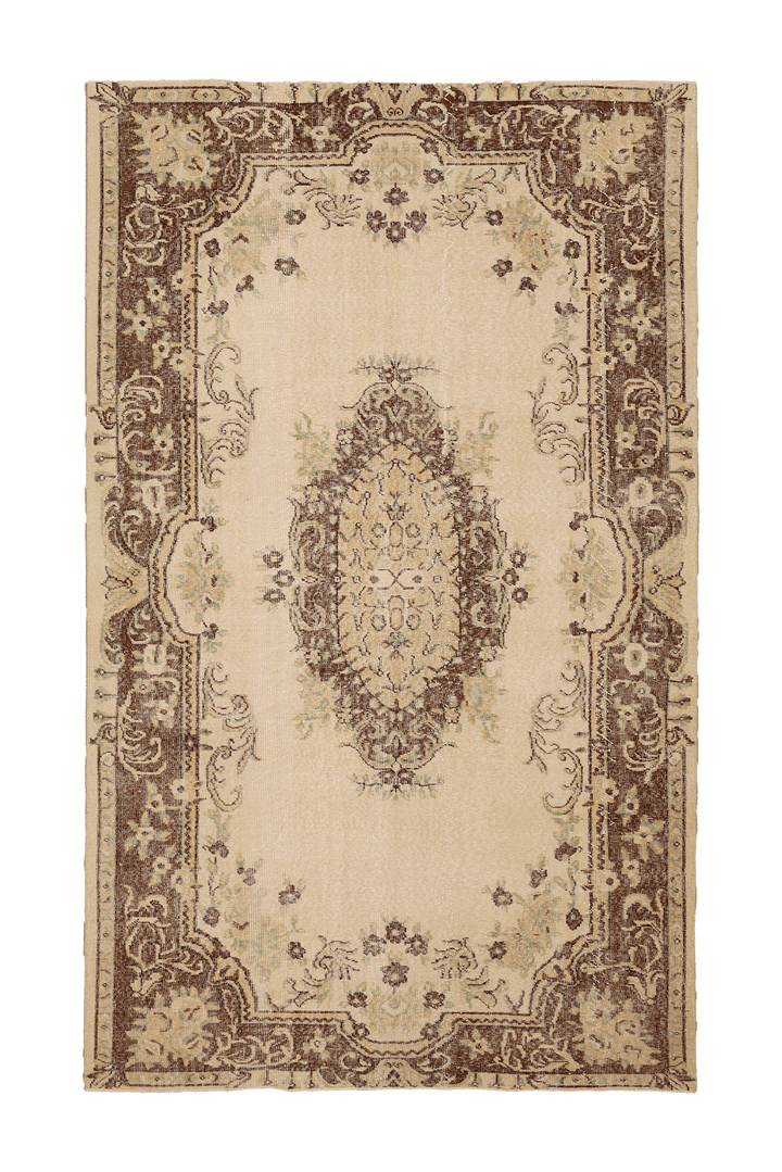 Vintage Isparta Turkish Area Rug 6x9 ft — Beige & Brown Floral