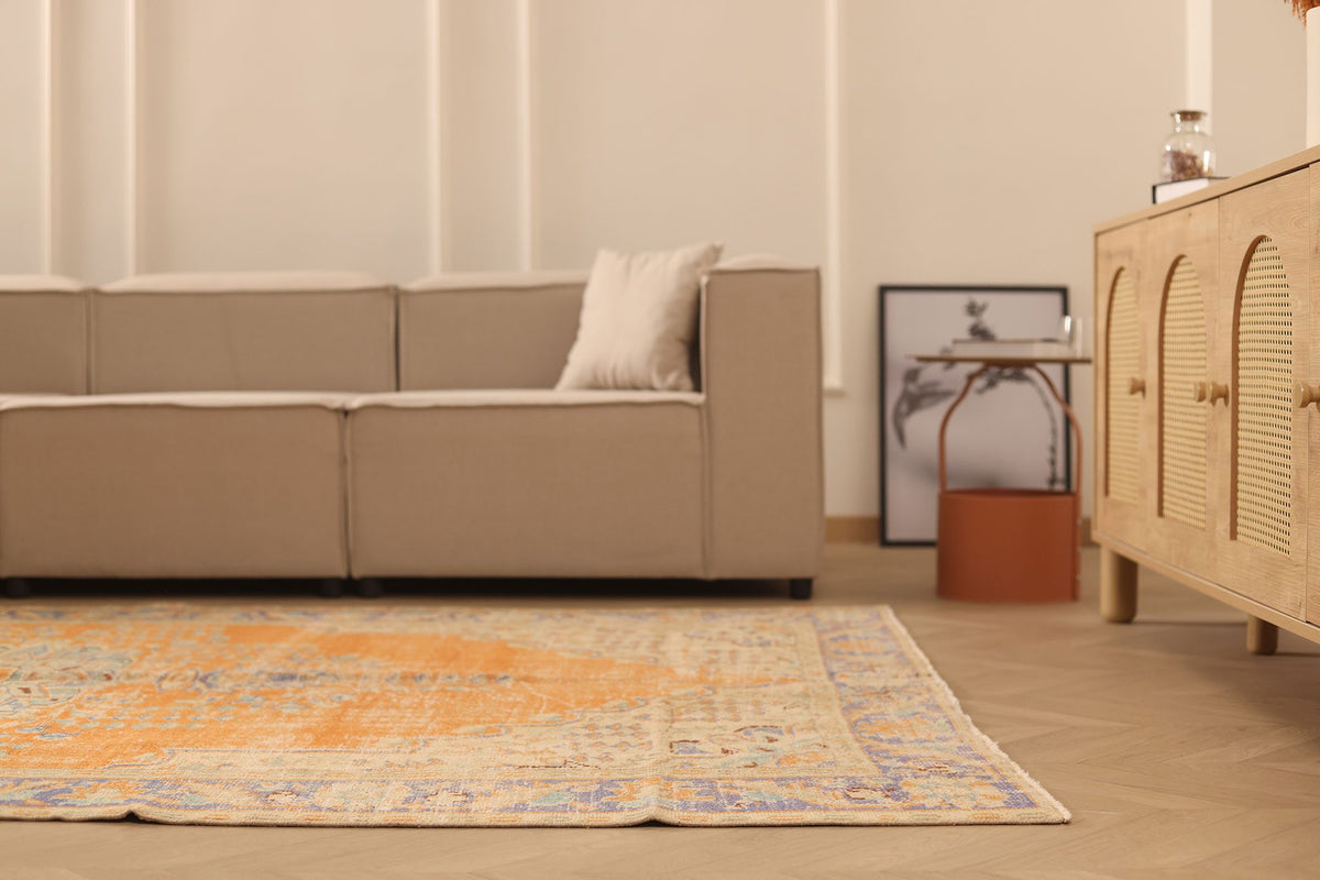 Vintage Manisa Turkish Area Rug 6x10 ft — Orange & Blue Floral