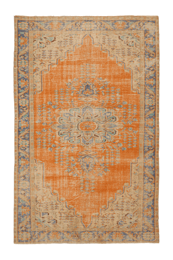 Vintage Manisa Turkish Area Rug 6x10 ft — Orange & Blue Floral