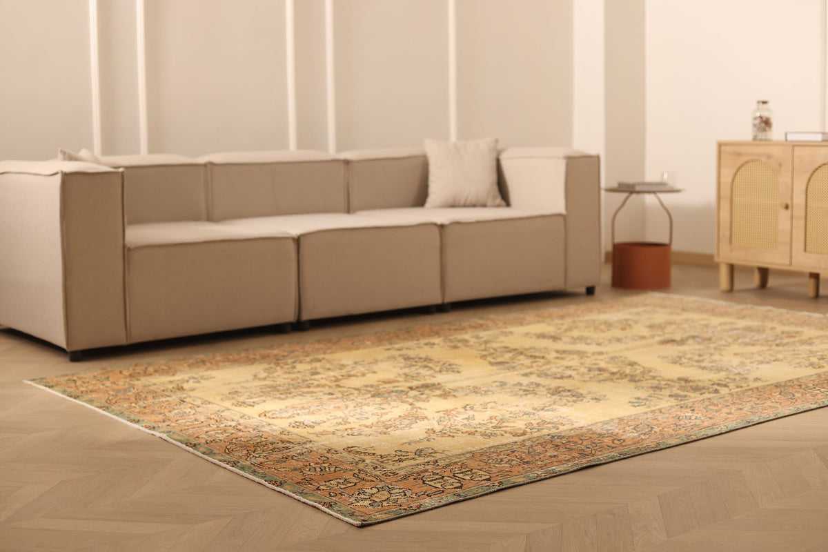 Vintage Isparta Turkish Area Rug 7x10 ft — Beige & Brown Floral
