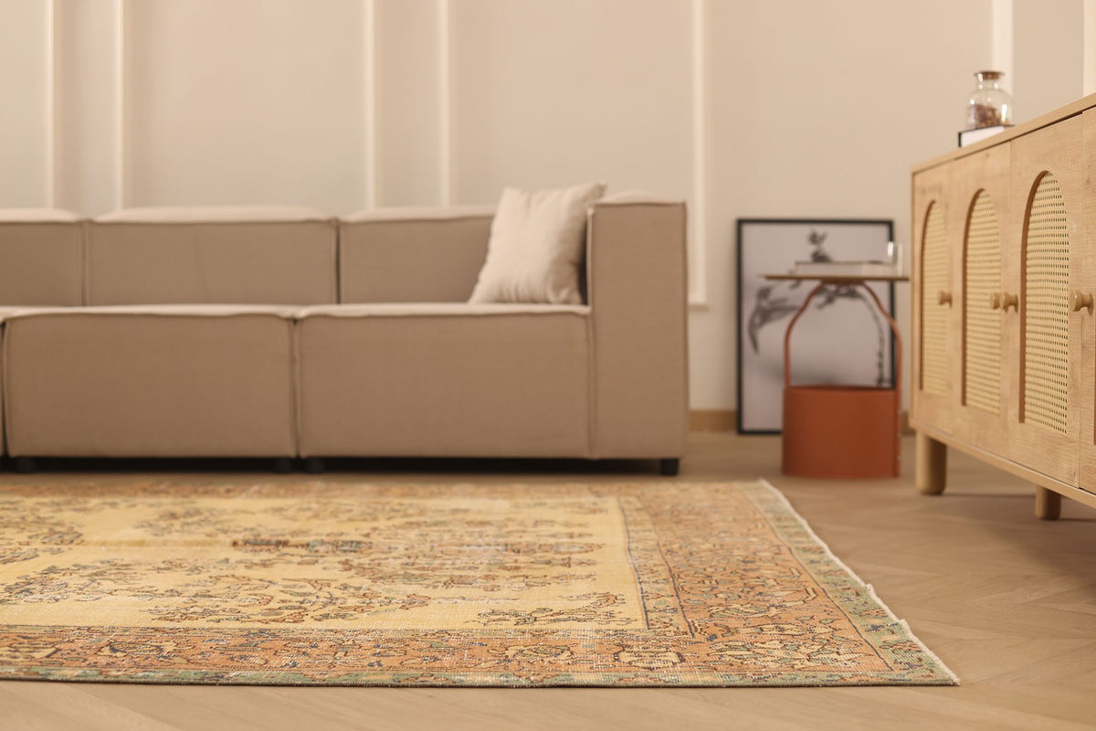 Vintage Isparta Turkish Area Rug 7x10 ft — Beige & Brown Floral